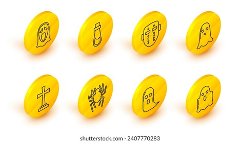 Set line Ghost, Spider, Tombstone with cross, Hockey mask, Bottle potion and Funny and scary ghost for Halloween icon. Vector