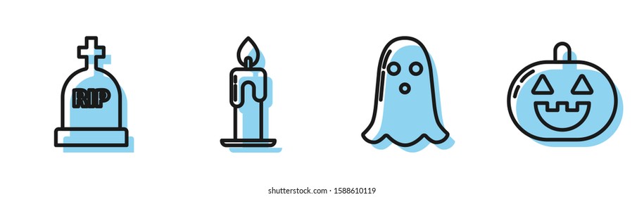 Set line Ghost , Tombstone with RIP, Burning candle  and Pumpkin  icon. Vector