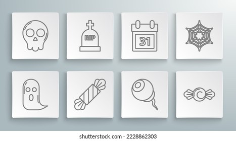Set line Ghost, Tombstone with RIP, Candy, Eye, Calendar Halloween date 31 october, Spider web and Skull icon. Vector