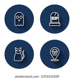 Set line Ghost, Tombstone with RIP written, Black cat and Skull with long shadow. Blue circle button. Vector