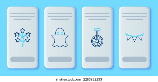 Set line Ghost, Unicycle or one wheel bicycle, Fireworks and Carnival garland with flags icon. Vector