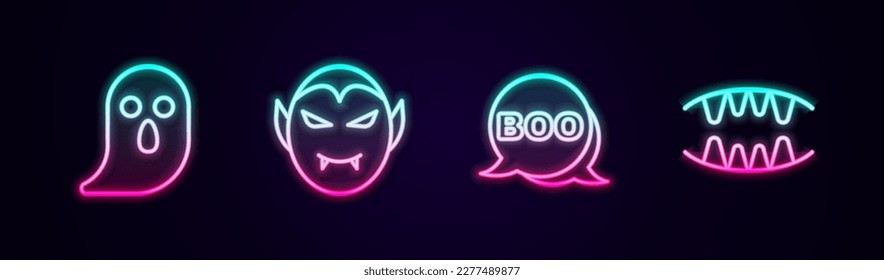 Set line Ghost, Vampire, Boo speech bubble and teeth. Glowing neon icon. Vector