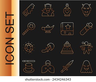 Set line Ghost, Voodoo doll, Bottle with potion, love, Magic lamp or Aladdin, wand, Hand saw and Ancient magic book icon. Vector