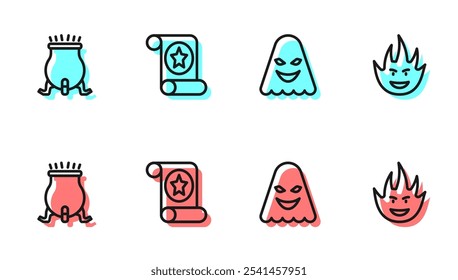 Set line Ghost, Witch cauldron, Magic scroll and Fire flame icon. Vector