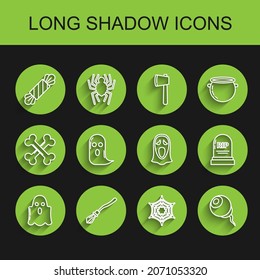 Set line Ghost, Witches broom, Candy, Spider web, Eye, Tombstone with RIP and Funny scary ghost mask for Halloween icon. Vector