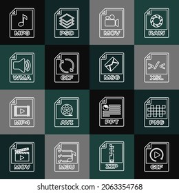 Set line GIF file document, PNG, XSL, MOV, WMA, MP3 and MSG icon. Vector