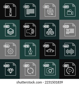 Set line GIF file document, WAV, DOC, AVI, WMA, PSD, ZIP and 3DS icon. Vector