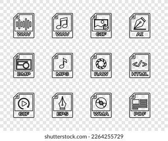 Set line GIF file document, PDF, EPS, WAV, MP3, WMA and HTML icon. Vector