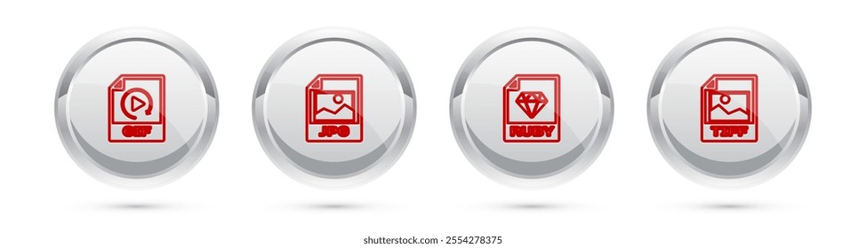 Set line GIF file document, JPG, RUBY and TIFF. Silver circle button. Vector