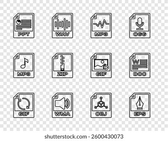 Set line GIF file document, EPS, MP3, WMA, PPT, ZIP, OBJ and DOC icon. Vector