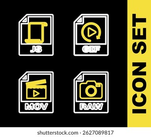Set line GIF file document, RAW, MOV and JS icon. Vector