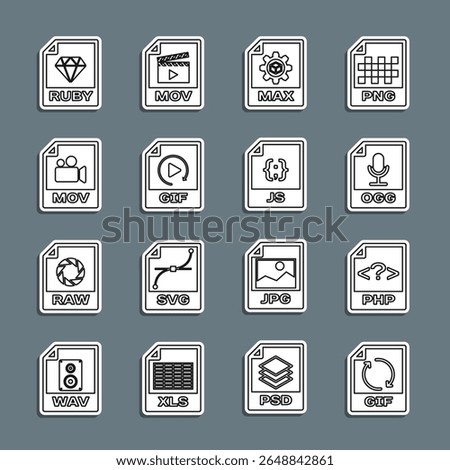 Set line GIF file document, PHP, OGG, MAX, MOV, RUBY and JS icon. Vector