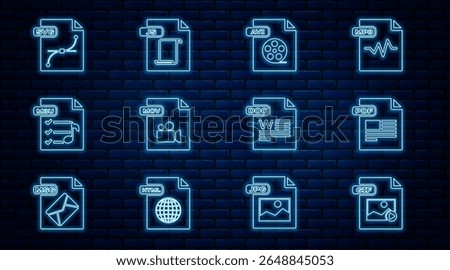 Set line GIF file document, PDF, AVI, MOV, M3U, DOC and JS icon. Vector