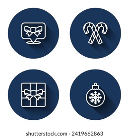 Set line Gift bow, Candy cane with stripes, box and Christmas ball with long shadow. Blue circle button. Vector
