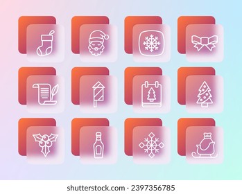 Fijar la línea de arco de regalo, botella de champán, calendario del día de Navidad, copo de nieve, cohete de fuegos artificiales, caldo de carga e icono de sombrero y barba de Santa Claus. Vector