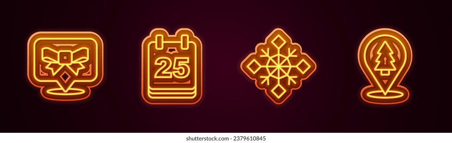 Set line Geschenkbogen, Weihnachtskalender, Schneeflocke und Baum. Leuchtendes Neonsymbol. Vektorgrafik