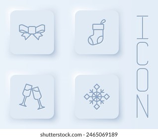 Set line Gift bow, Christmas stocking, Glass of champagne and Snowflake. White square button. Vector