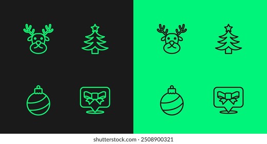 Fije el arco del regalo de la línea, la bola de la Navidad, el reno y el icono del árbol. Vector
