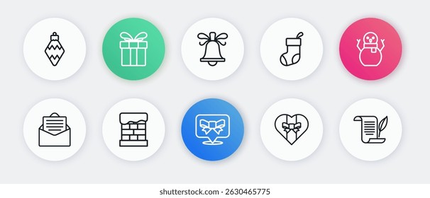 Set line Gift bow, Christmas snowman, Envelope, box, stocking, ringing bell,  and chimney icon. Vector