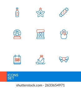 Set line Gift bow, Christmas santa claus sleigh, day calendar, snowman, globe, chimney, Candy and star icon. Vector