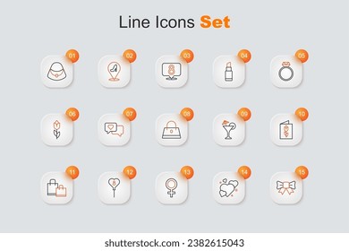 Fijar la línea con arco de regalo, corazón, símbolo de género femenino, globos con 8 de marzo, bolsa de compras de papel, tarjeta de saludo, vidrio Martini e icono de bolso de mano. Vector