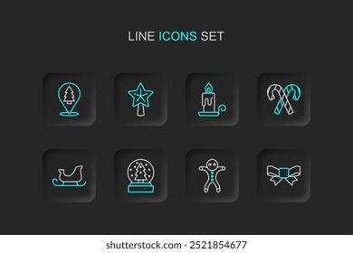 Set line Gift bow, Holiday gingerbread man cookie, Christmas snow globe, santa claus sleigh, Candy cane with stripes, Burning candle, star and tree icon. Vector