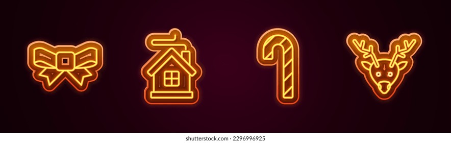 Set line Gift bow, Merry Christmas house, Candy cane with stripes and Reindeer. Glowing neon icon. Vector