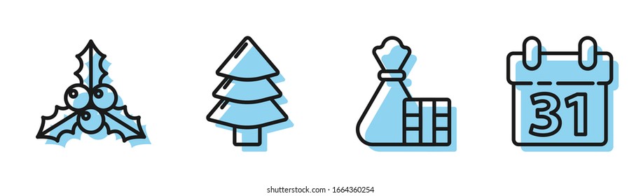 Fijar la caja y la bolsa de regalo, el viburno de bifurcación o la rosa del alcantarillado, el árbol de Navidad y el icono del calendario. Vector