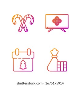 Set-line Geschenkbox und Tasche, Kalender, Weihnachtskerzen mit Streifen und Frohe Weihnachten im Fernsehen. Farbsymbole. Vektorillustration