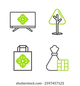 Set line Gift box and bag, Christmas paper shopping, tree and Merry on television icon. Vector