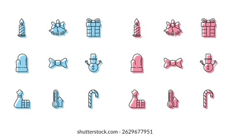 Set line Gift box and bag, Meteorology thermometer measuring, Burning candle candlestick, Christmas candy cane with stripes, Bow tie, snowman, mitten and Merry ringing bell icon. Vector