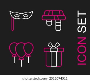 Set line Gift box, Balloons with ribbon, Winter scarf and Festive mask icon. Vector