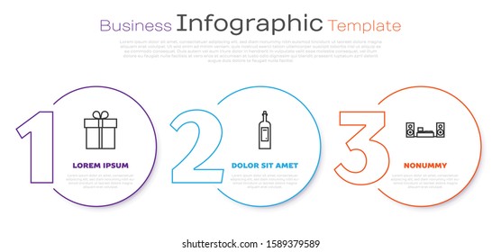 Set line Gift box , Bottle of wine  and Home stereo with two speakers . Business infographic template. Vector