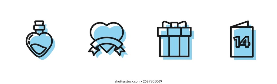 Set line Gift box, Bottle with love potion, Heart and Greeting card icon. Vector