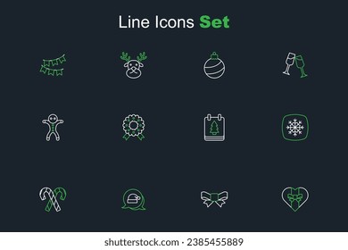 Set line Gift box, bow, Christmas Santa Claus hat, Candy cane with stripes, Snowflake, day calendar, wreath and Holiday gingerbread man cookie icon. Vector