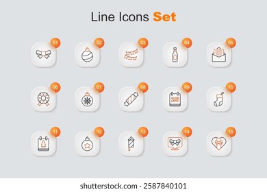 Set line Gift box, bow, Firework rocket, Christmas ball, day calendar, stocking,  and Candy icon. Vector