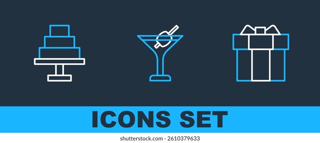 Set line Gift box, Cake and Martini glass icon. Vector