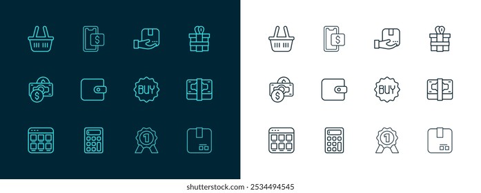 Set line Caja de regalo, Calculadora, Comprar Botón, Medalla, Cartera, Entrega mano con, Cesta de la compra e icono de compras móviles. Vector