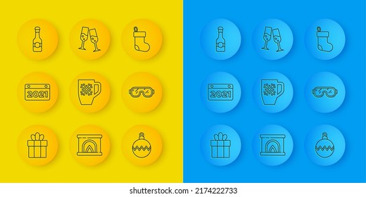 Set line Gift box, Calendar, Coffee cup with snowflake, Christmas ball, Ski goggles, Champagne bottle, stocking and Glass champagne icon. Vector