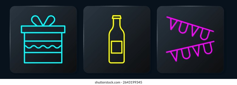 Set line Gift box, Carnival garland with flags and Beer bottle. Black square button. Vector