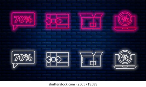 Set line Gift box, Carton cardboard box, Seventy discount percent tag and Percent discount and laptop. Glowing neon icon on brick wall. Vector