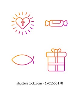 Set line Gift box, Christian fish, Christian cross and heart and Candy. Gradient color icons. Vector