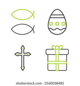 Set line Gift box, Christian cross, Easter egg and fish icon. Vector