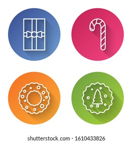 Set line Gift box, Christmas candy cane with stripes, Christmas wreath and Cookie or biscuit with chocolate. Color circle button. Vector