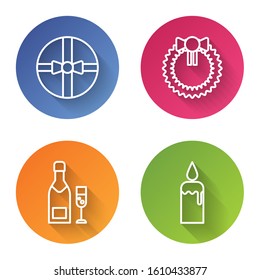 Set line Gift box, Christmas wreath, Champagne bottle and glass of champagne and Burning candle in candlestick. Color circle button. Vector