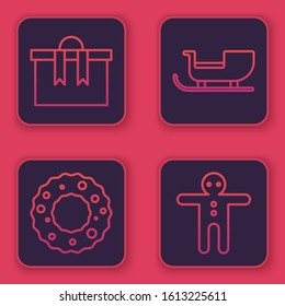 Set line Gift box, Christmas wreath, Christmas santa claus sleigh and Holiday gingerbread man cookie. Blue square button. Vector