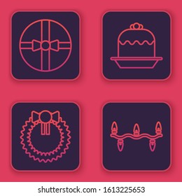 Set line Gift box, Christmas wreath, Cake and Christmas lights. Blue square button. Vector