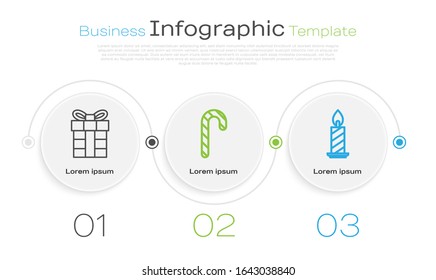 Set line Gift box, Christmas candy cane with stripes and Burning candle in candlestick. Business infographic template. Vector