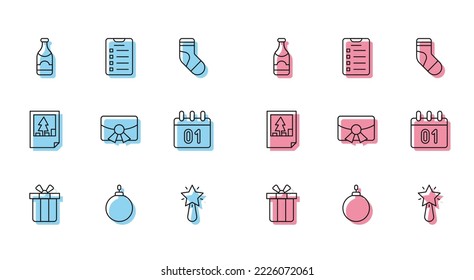 Set line Gift box, Christmas ball, Champagne bottle, star, postcard, Calendar,  and New year goals list icon. Vector