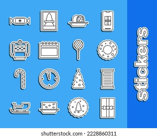 Fijar la caja de regalo, la plantilla de lista de deseos de Navidad, corona, torta de esponja de Marzipan, Calendario, suéter, Candy y icono de Lollipop. Vector